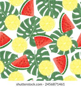 Seamless pattern with hand drawn  watermelon, lemon slace and tropical monstera leaves on white background.