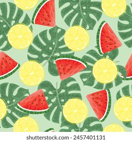 Seamless pattern with hand drawn  watermelon, lemon slace and tropical monstera leaves on green background.