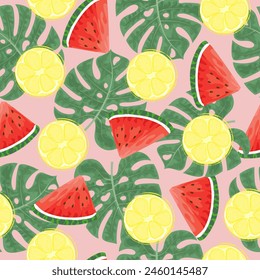 Seamless pattern with hand drawn  watermelon, lemon slace and tropical monstera leaves on pink background.