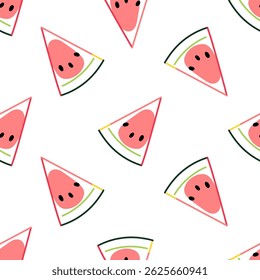 Seamless pattern with hand drawn watermelon slices. Flat vector illustration isolated on white background. Summer fruit pattern