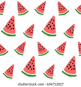 Seamless pattern with hand drawn watermelon in red and black on white background. Modern style