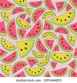 Seamless pattern with hand drawn watermelons and melons. Vector.
