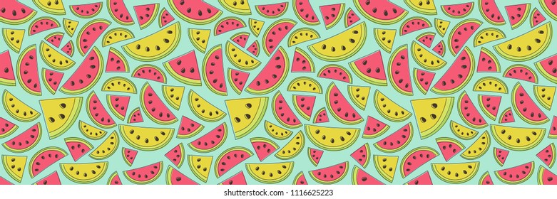 Seamless pattern with hand drawn watermelons and melons. Vector.