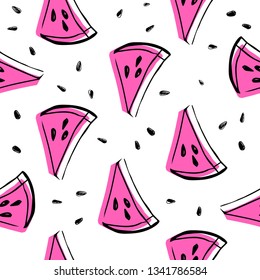 Seamless pattern with hand drawn watermelons and colored shapes vector illustration. Summer, bright, party fabric texture with parts of watermelons and seeds.