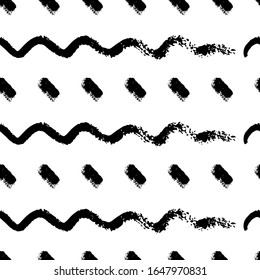 Seamless pattern with hand drawn wave lines and paint blots. Vector illustration. Monochrome abstract background. For web design, scrapbooking, wrapping paper, printing on textile, package, notepads.