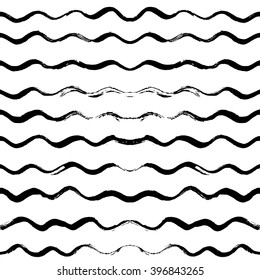 Seamless pattern with hand drawn waves. Abstract background with wavy brush strokes. Black and white texture. Ornamental print for t-shirts. Ornament for wrapping paper.