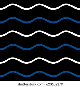 Seamless pattern. Hand drawn waves. Lapis Blue, black and white color. Vector illustration 