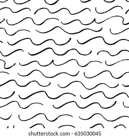 Seamless pattern with hand drawn waves. Abstract background with wavy brush strokes. Black and white texture. Ornamental print for t-shirts. Ornament for wrapping paper.