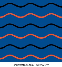 Seamless pattern. Hand drawn waves. Lapis Blue, black and Flame color. Vector illustration 