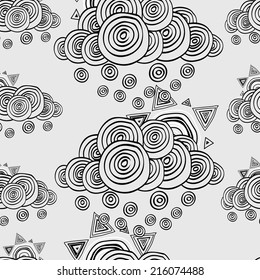Seamless pattern with hand drawn weather icons, Sun and clouds. Clipping mask is used, vector illustration.