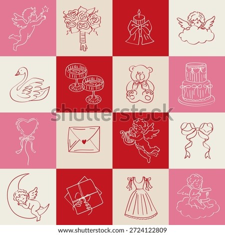 Seamless pattern with hand drawn wedding doodles in elegant line art style. Romantic vector background for invitations, stationery, fabric, packaging, branding and Valentine’s Day design.