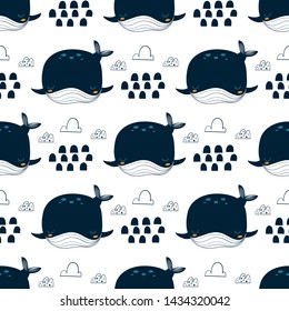 Seamless pattern with hand drawn whale, sea and clouds on a white background. Vector design for wrapping paper, textile. 