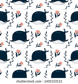 Seamless pattern with hand drawn whale, flowers on a white background. Vector design for wrapping paper, textile. 