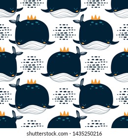 Seamless pattern with hand drawn whale, sea and clouds on a white background. Vector design for wrapping paper, textile. 