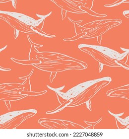 Seamless pattern of a hand drawn whale background elements