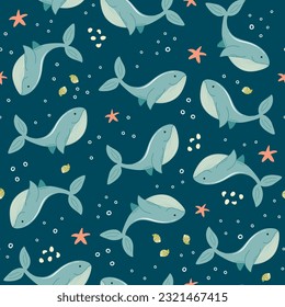 Seamless pattern with hand drawn whales, shells, starfishes. Cute Summer background, beach vacation. Vector illustration for textile, scrapbook, wrapping paper, baby nursery decor.