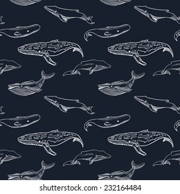 Seamless pattern with hand drawn whales 1