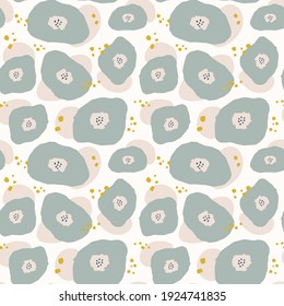 Seamless pattern with hand drawn whimsical flowers. Retro or vintage modern colors, Scandinavian style.