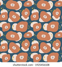 Seamless pattern with hand drawn whimsical flowers. Retro or vintage modern colors, Scandinavian style.