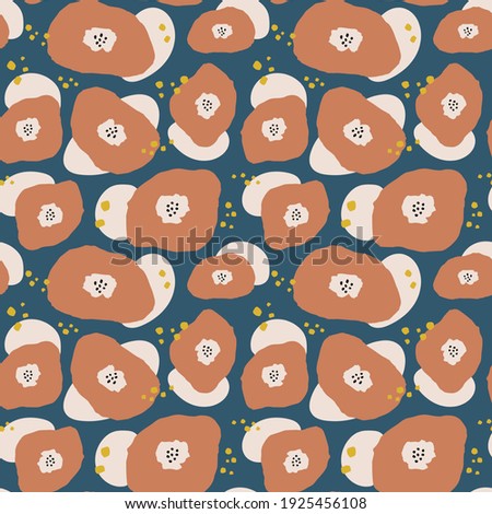 Seamless pattern with hand drawn whimsical flowers. Retro or vintage modern colors, Scandinavian style.