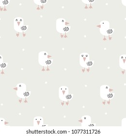 Seamless pattern with hand drawn white bird in scandinavian style. Creative vector childish background for fabric, textile, nursery wallpaper. Vector Illustration.