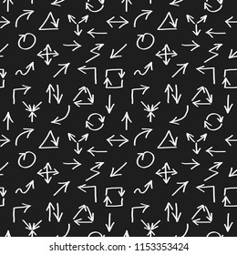 Seamless pattern with hand drawn white arrows on black background. Vector illustration.