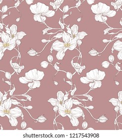 Seamless pattern, hand drawn white apple blossom.