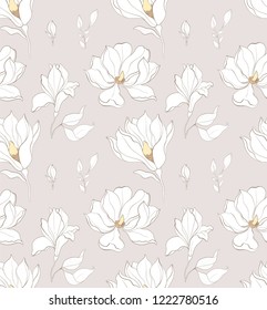 Seamless pattern, hand drawn white magnolia blossom.