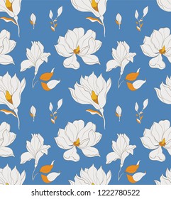 Seamless pattern, hand drawn white magnolia blossom.