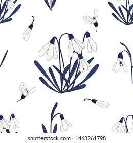 seamless pattern of hand drawn white snow drop with navy blue leaf,western australia wild flowers on white background