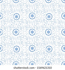 Seamless pattern with hand drawn white blue snow flakes on white background, simple winter background for your design eps10