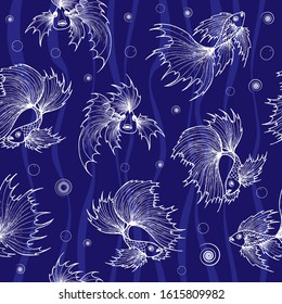 Seamless pattern. Hand drawn white fish on blue backround. Vector graphic illustration.