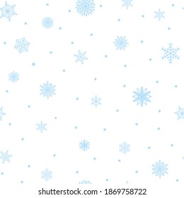 Seamless pattern hand drawn white snow flakes on blue, simple winter background. design for holiday greeting cards and invitations of the Merry Christmas and Happy New Year, winter holidays