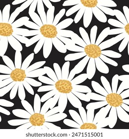 Seamless pattern of hand drawn white daisies with yellow centers on a sleek black background. A fresh and modern floral design.