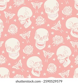 Seamless pattern with hand drawn white floral skulls surrounded by luna moths and roses. Skeleton heads pastel pink monochrome repeat background with butterflies and flowers.