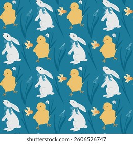 Seamless pattern with hand drawn white rabbits, yellow chicks and spring flowers on a blue background. Easter and spring celebration concept with cute animals and seasonal blooms