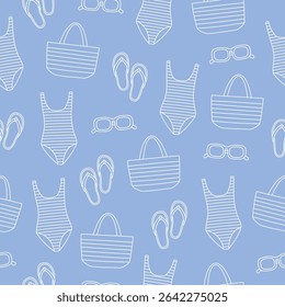 Seamless pattern with hand drawn white outline summer beach elements on blue background. Doodle drawing for print, poster, banner, card. Vector illustration