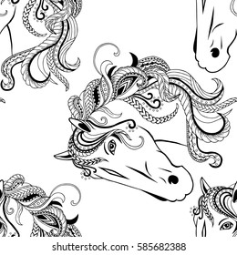 Seamless pattern with hand drawn white ornate horse head. Vector 