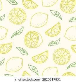 Seamless pattern with hand drawn whole and sliced lemons, green leaves on a light beige background. Vector illustration