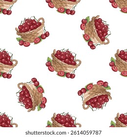 Seamless pattern with hand drawn wicker baskets filled with cherries and cherry halves. Vintage fruit sketch design in classic style. Ideal for summer textiles, packaging and kitchen decor.