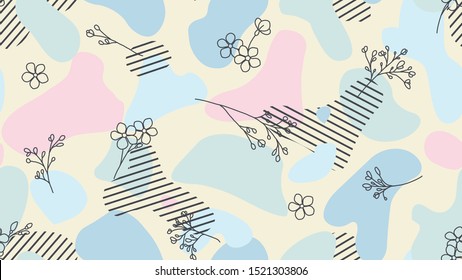 Seamless pattern, hand drawn wild flowers and abstract shapes, pink and blue tones