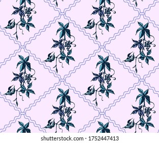 Seamless pattern with Hand drawn wild vine grapes ornamental decorative background. Vector pattern. Print for textile, cloth, wallpaper, scrapbooking