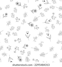 Seamless pattern of Hand drawn wild flowers background. Drawing doodle stroke outline. Art abstract concept. Floral and Nature theme. Thin line sketch. Isolated white background. Vector illustration. 