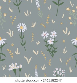 Seamless pattern with hand drawn wild flowers on green background