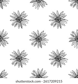 Padrão contínuo com flores silvestres desenhadas à mão que lembram camomila, equinácea e arnica. Design floral preto e branco perfeito para embalagens, têxteis e marca de produtos naturais.