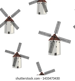 Seamless pattern with hand drawn windmills