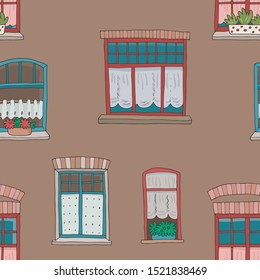 Seamless pattern of hand drawn windows