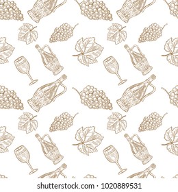 Seamless pattern with hand drawn wine bottle, wine glass and grapes. Design element for poster, card, banner, menu, flyer, package. Vector illustration