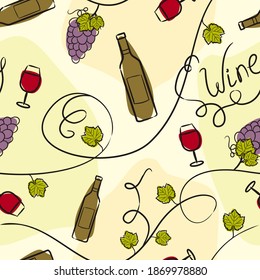 Seamless pattern from hand drawn wine bottles, glasses, vines. Green background with vineyard. Grape bunches and leaves. Vector illustration for winery, restaurant, bar.
