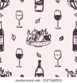 Seamless pattern of hand drawn wine bottle, glasses, fruit bowl and leaves on beige background. Wine tasting. Cozy fall season. Vector design